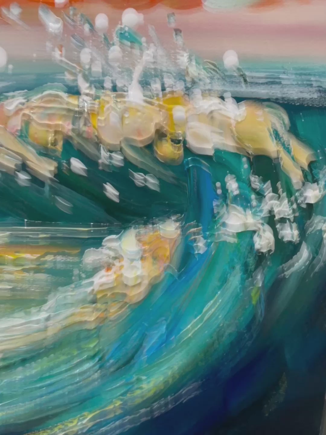 Oceanic Pulse hand-painted teal, gold and coral textured seascape painting shown with silver frame