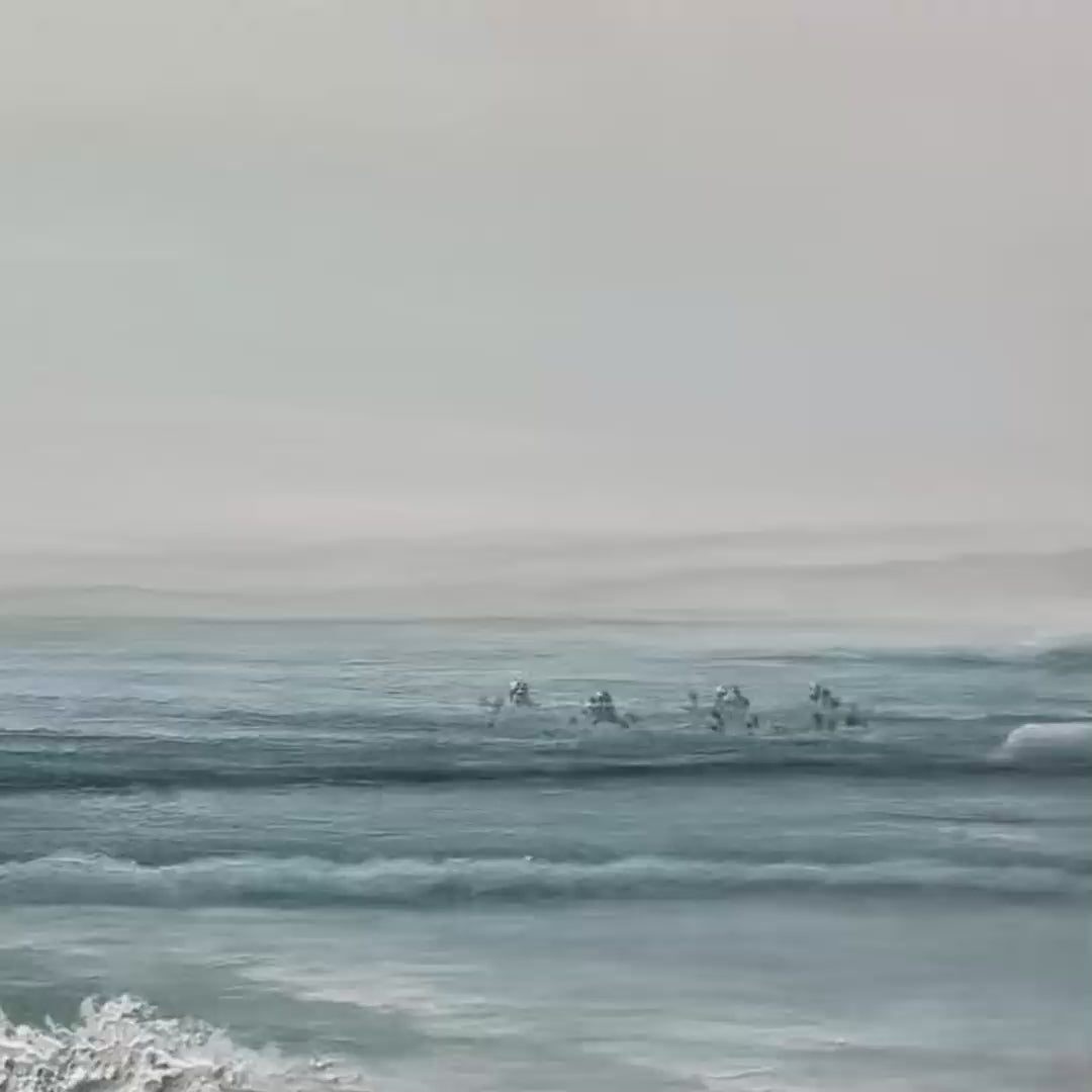 Coastal Whispers hand-painted ocean blue, ivory and soft neutral tones textured coastal landscape painting shown with gold frame