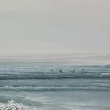 Coastal Whispers hand-painted ocean blue, ivory and soft neutral tones textured coastal landscape painting shown with gold frame