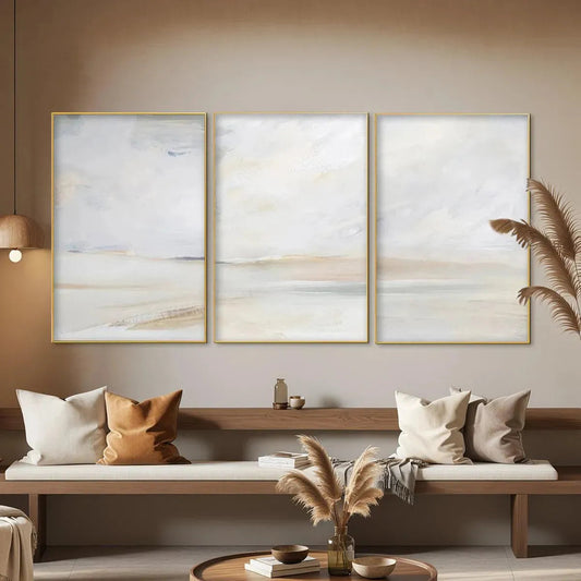 Abstract Beach Triptych hand-painted sand and ivory textured coastal abstract painting shown as stretched canvas