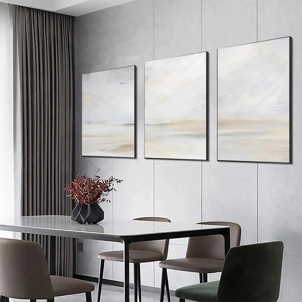 Abstract Beach Triptych hand-painted sand and ivory textured coastal abstract painting shown with black frame