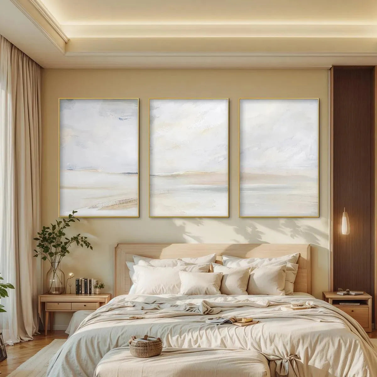 Abstract Beach Triptych hand-painted sand and ivory textured coastal abstract painting shown as stretched canvas