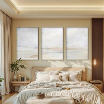 Abstract Beach Triptych hand-painted sand and ivory textured coastal abstract painting shown as stretched canvas