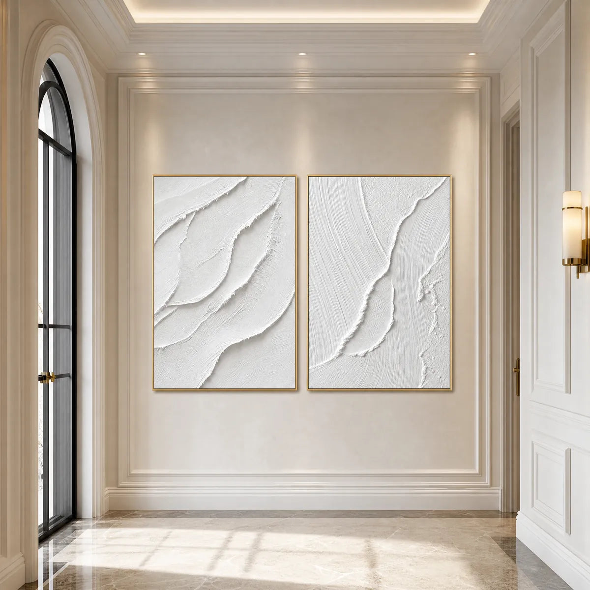 Aegean Calm hand-painted white and soft beige textured ocean wave painting shown with white frame