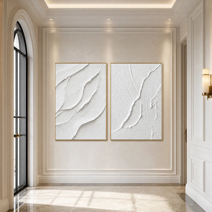 Aegean Calm hand-painted white and soft beige textured ocean wave painting shown with white frame