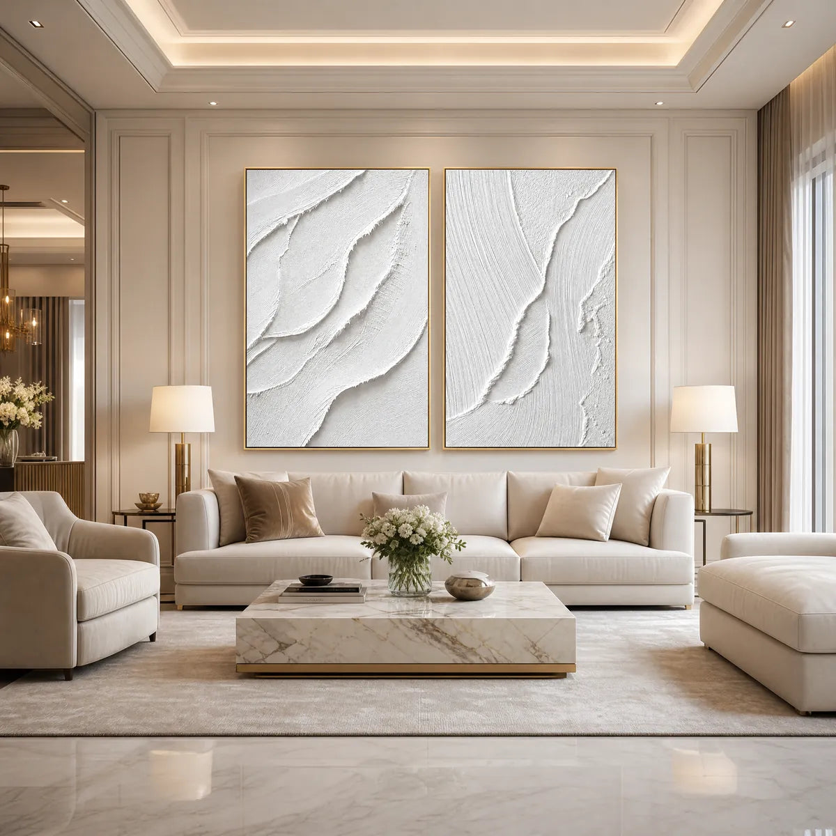 Aegean Calm hand-painted white and soft beige textured ocean wave painting shown as stretched canvas