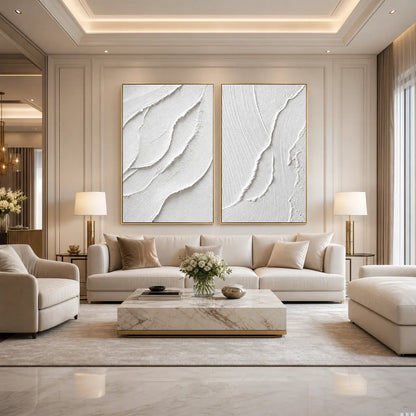 Aegean Calm hand-painted white and soft beige textured ocean wave painting shown as stretched canvas