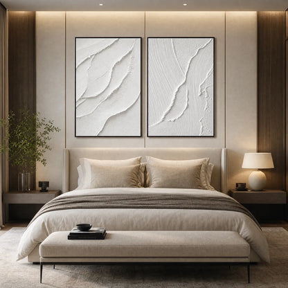 Aegean Calm hand-painted white and soft beige textured ocean wave painting shown with silver frame