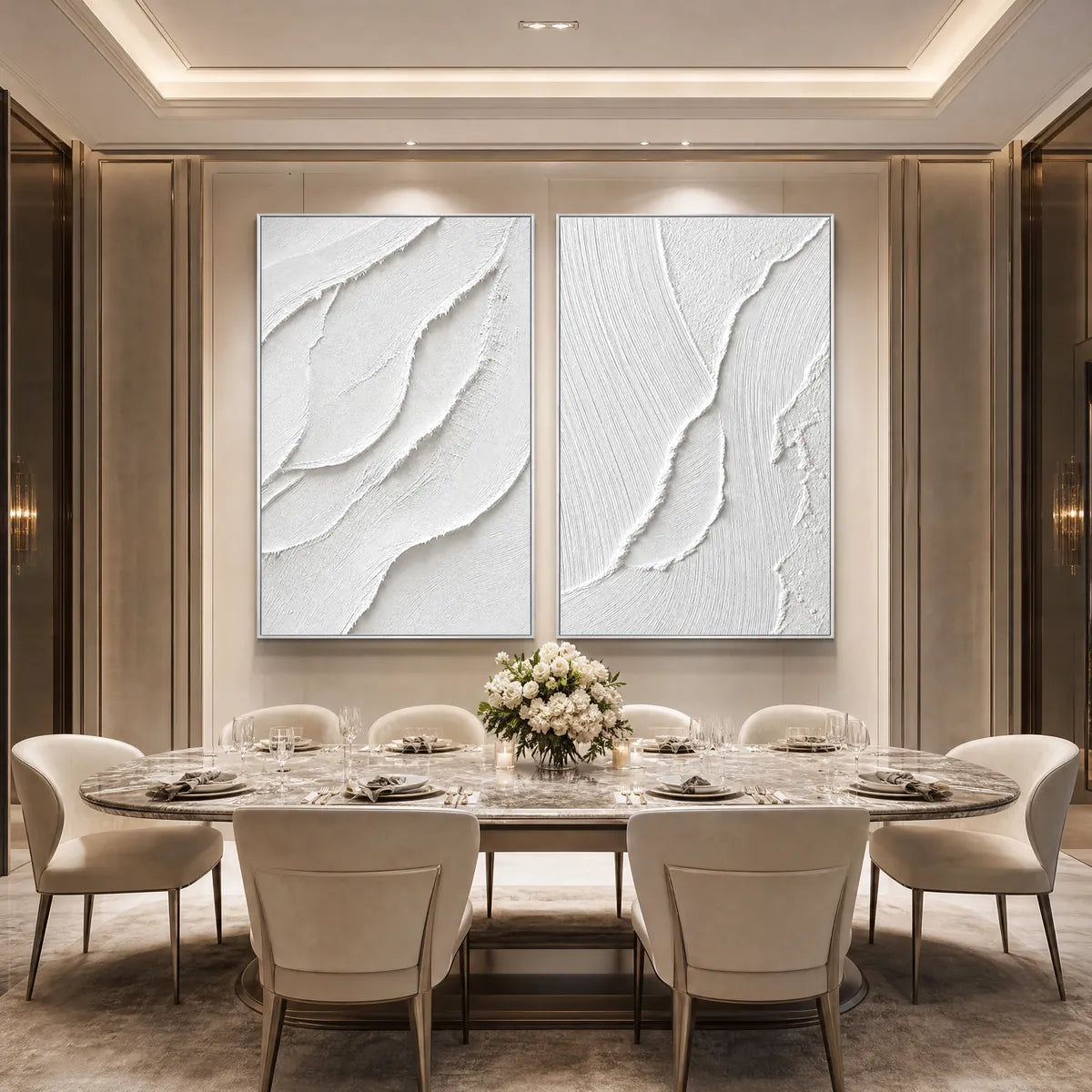 Aegean Calm hand-painted white and soft beige textured ocean wave painting shown with black frame