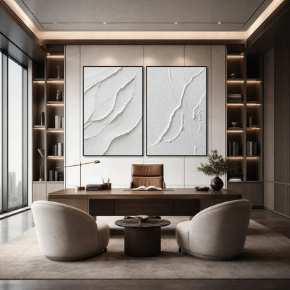 Aegean Calm hand-painted white and soft beige textured ocean wave painting shown with wood frame