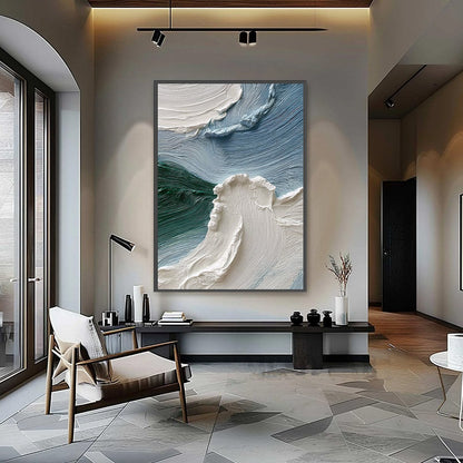 Aegean Crest hand-painted white, ocean blue and emerald green textured ocean wave painting shown as stretched canvas