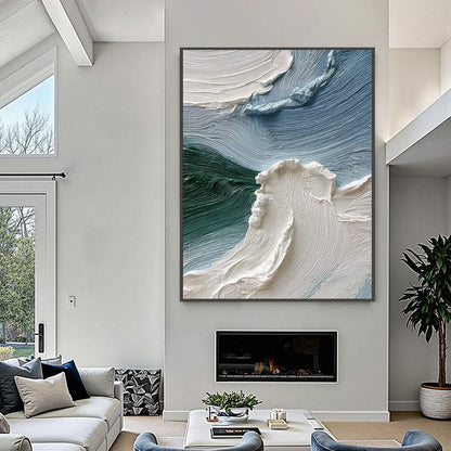 Aegean Crest hand-painted white, ocean blue and emerald green textured ocean wave painting shown with silver frame