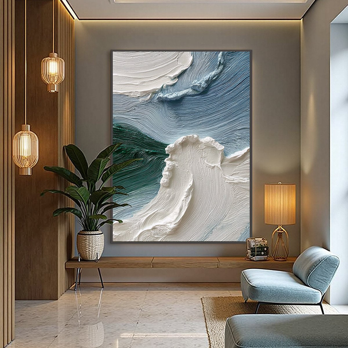Aegean Crest hand-painted white, ocean blue and emerald green textured ocean wave painting shown with black frame