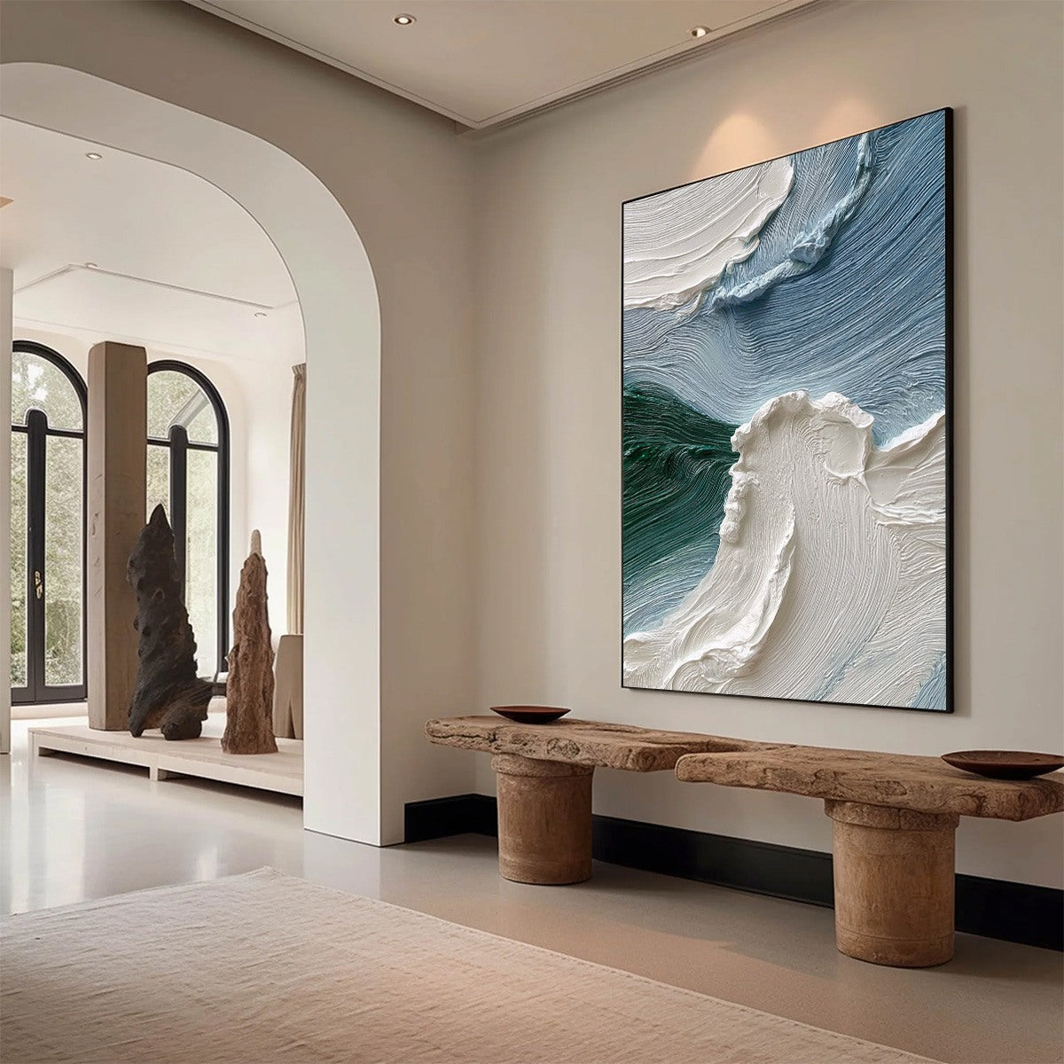 Aegean Crest hand-painted white, ocean blue and emerald green textured ocean wave painting shown with wood frame