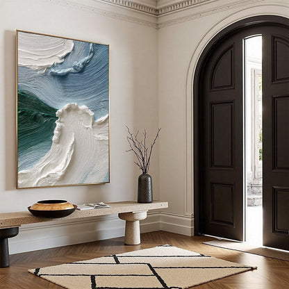 Aegean Crest hand-painted white, ocean blue and emerald green textured ocean wave painting rolled canvas option