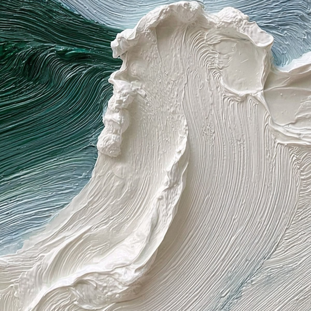 Aegean Crest hand-painted white, ocean blue and emerald green textured ocean wave painting shown with gold frame