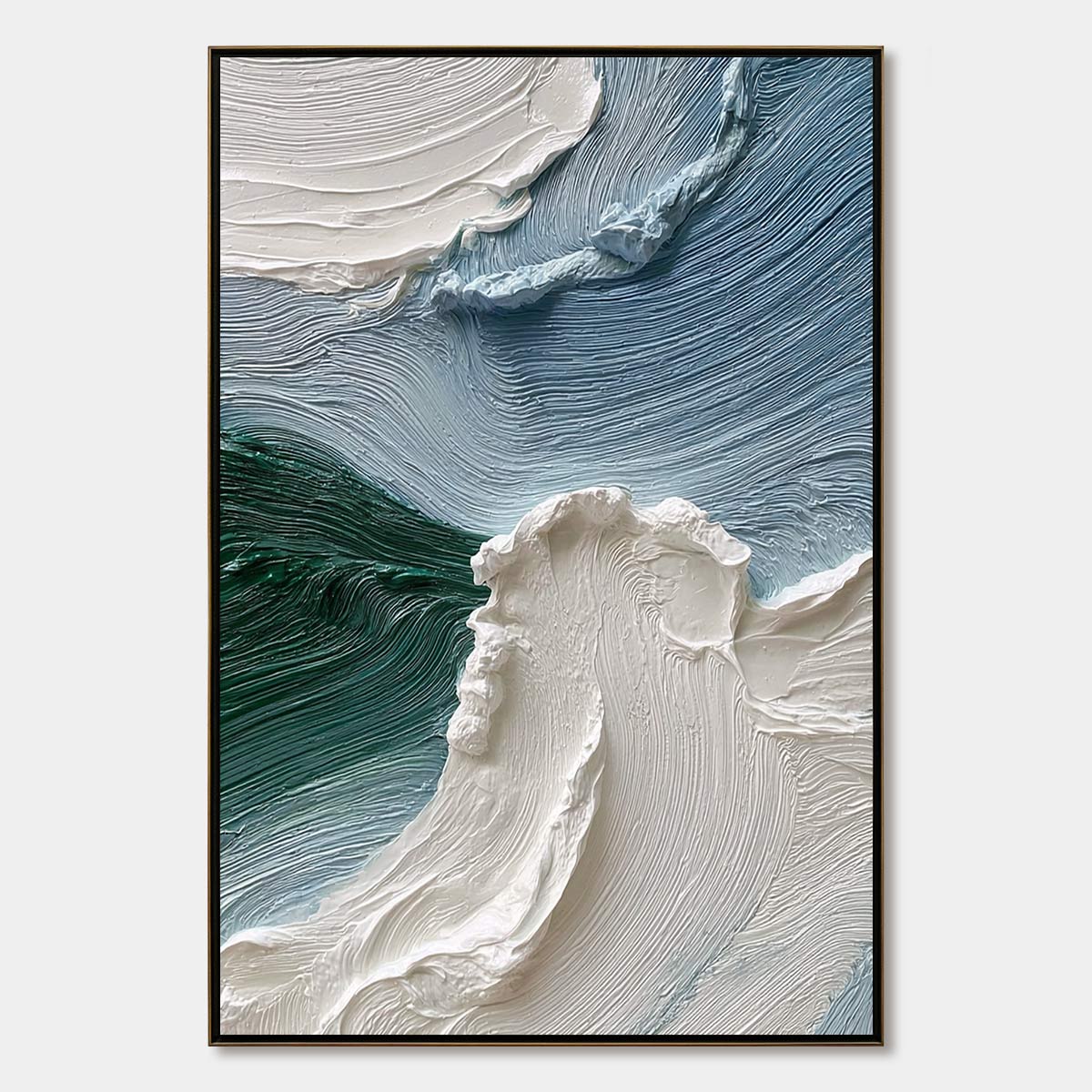 Aegean Crest hand-painted white, ocean blue and emerald green textured ocean wave painting rolled canvas option