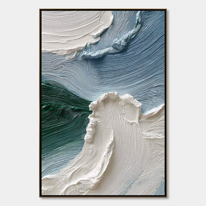 Aegean Crest hand-painted white, ocean blue and emerald green textured ocean wave painting rolled canvas option