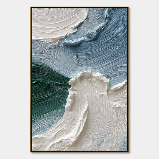 Aegean Crest hand-painted white, ocean blue and emerald green textured ocean wave painting rolled canvas option