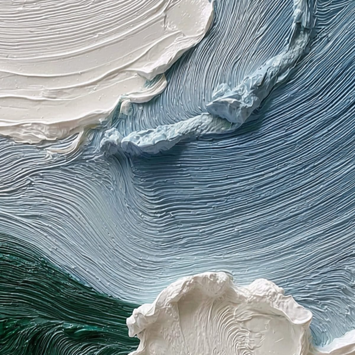 Aegean Crest hand-painted white, ocean blue and emerald green textured ocean wave painting shown with white frame