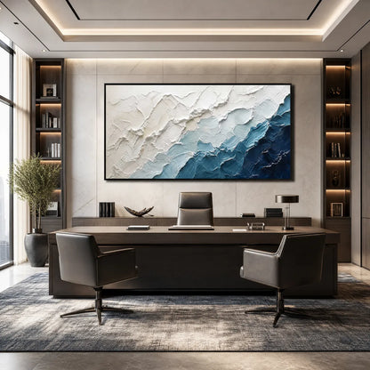 Aegean Crest hand-painted white, navy blue and ocean blue textured ocean wave painting shown as stretched canvas