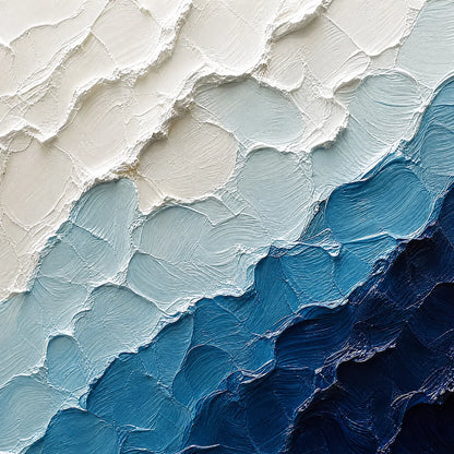 Aegean Crest hand-painted white, navy blue and ocean blue textured ocean wave painting shown with gold frame