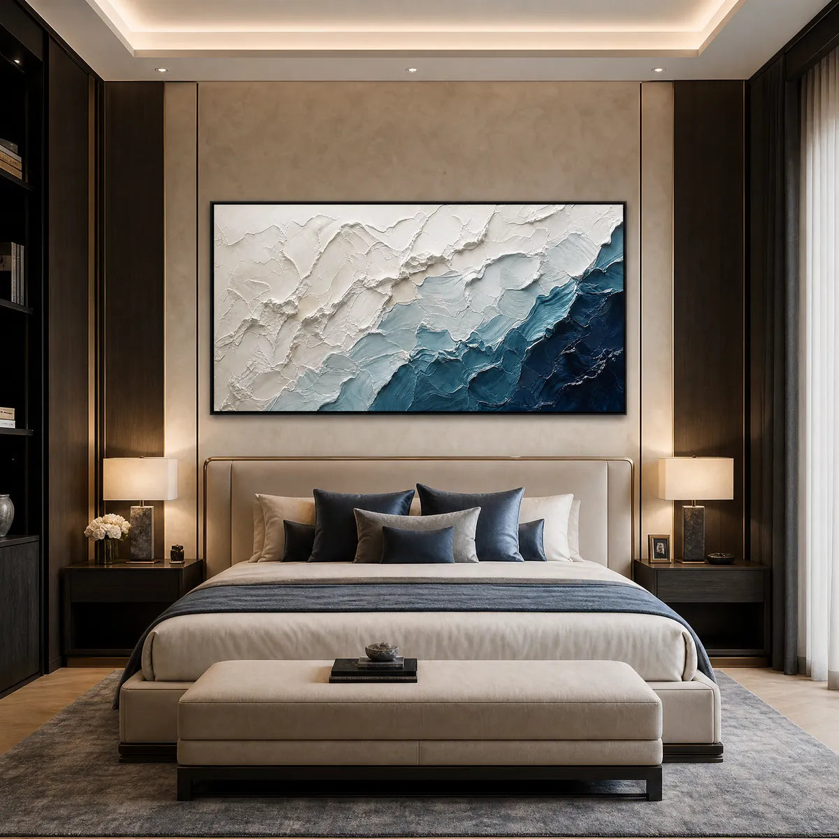 Aegean Crest hand-painted white, navy blue and ocean blue textured ocean wave painting shown with silver frame