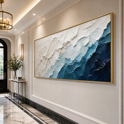 Aegean Crest hand-painted white, navy blue and ocean blue textured ocean wave painting shown with white frame