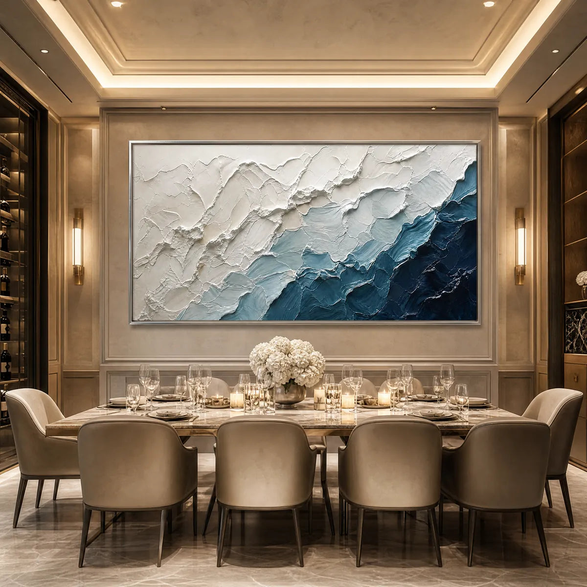 Aegean Crest hand-painted white, navy blue and ocean blue textured ocean wave painting shown with black frame