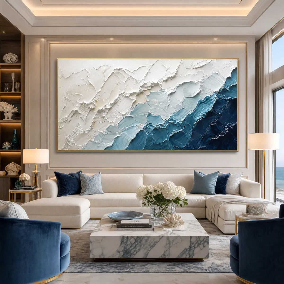 Aegean Crest hand-painted white, navy blue and ocean blue textured ocean wave painting shown with wood frame