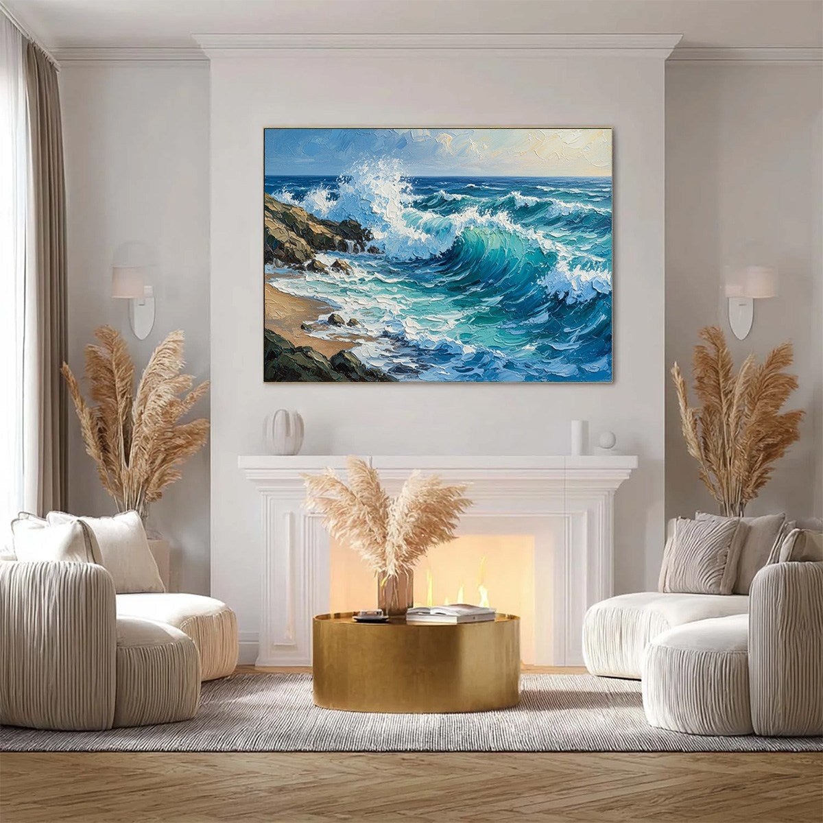 Aegean Crest hand-painted turquoise and ivory textured ocean wave painting shown with silver frame