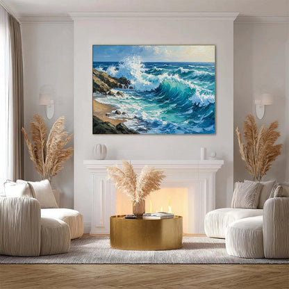 Aegean Crest hand-painted turquoise and ivory textured ocean wave painting shown with silver frame