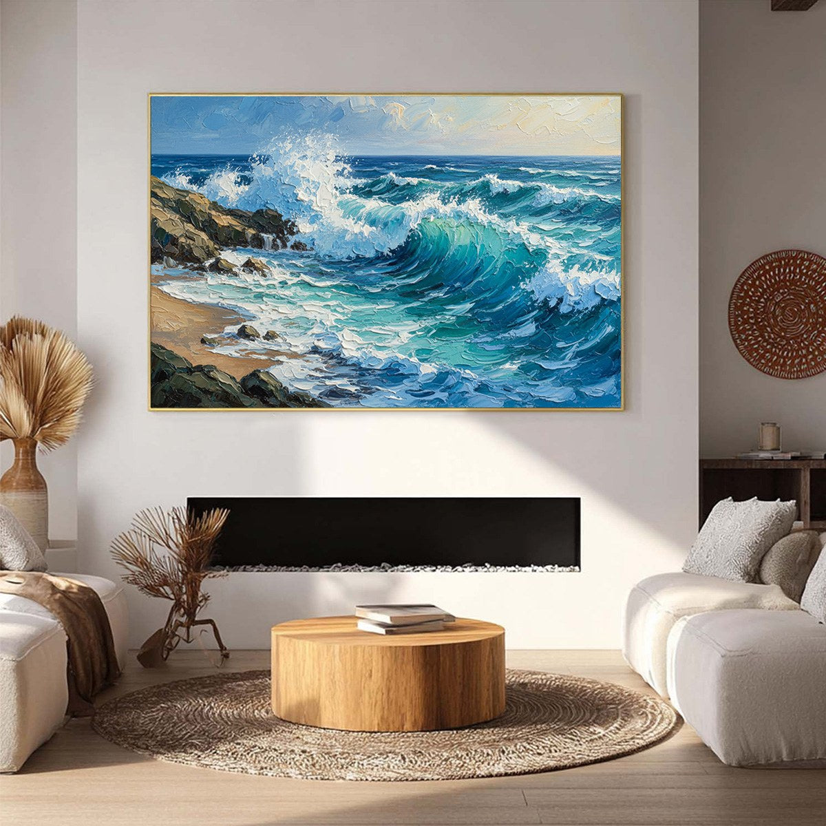Aegean Crest hand-painted turquoise and ivory textured ocean wave painting shown as stretched canvas