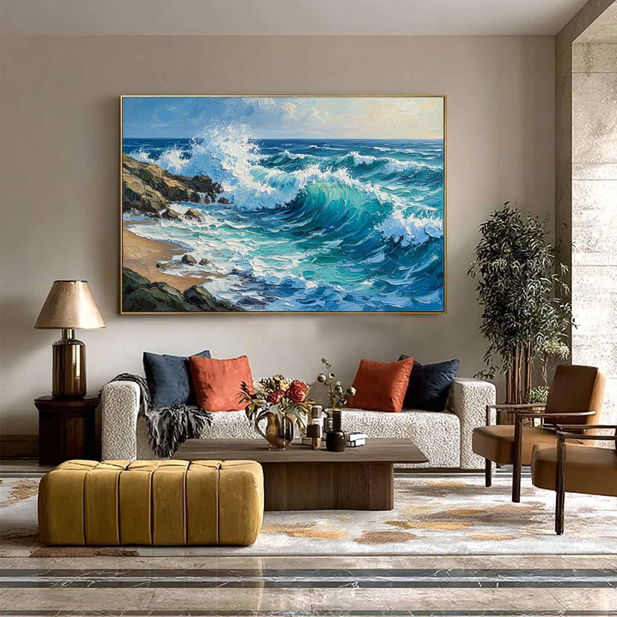 Aegean Crest hand-painted turquoise and ivory textured ocean wave painting shown with black frame