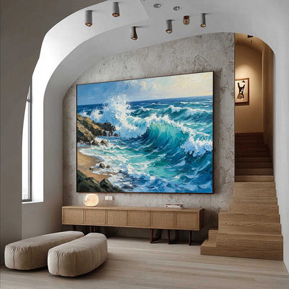 Aegean Crest hand-painted turquoise and ivory textured ocean wave painting shown with wood frame