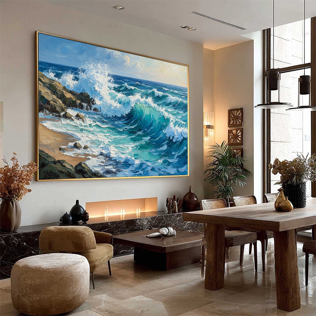 Aegean Crest hand-painted turquoise and ivory textured ocean wave painting rolled canvas option