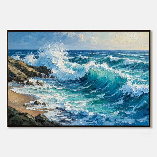 Aegean Crest hand-painted turquoise and ivory textured ocean wave painting rolled canvas option