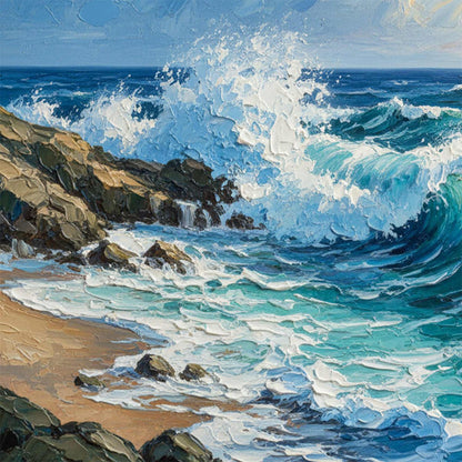 Aegean Crest hand-painted turquoise and ivory textured ocean wave painting shown with gold frame