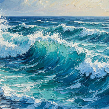 Aegean Crest hand-painted turquoise and ivory textured ocean wave painting shown with white frame