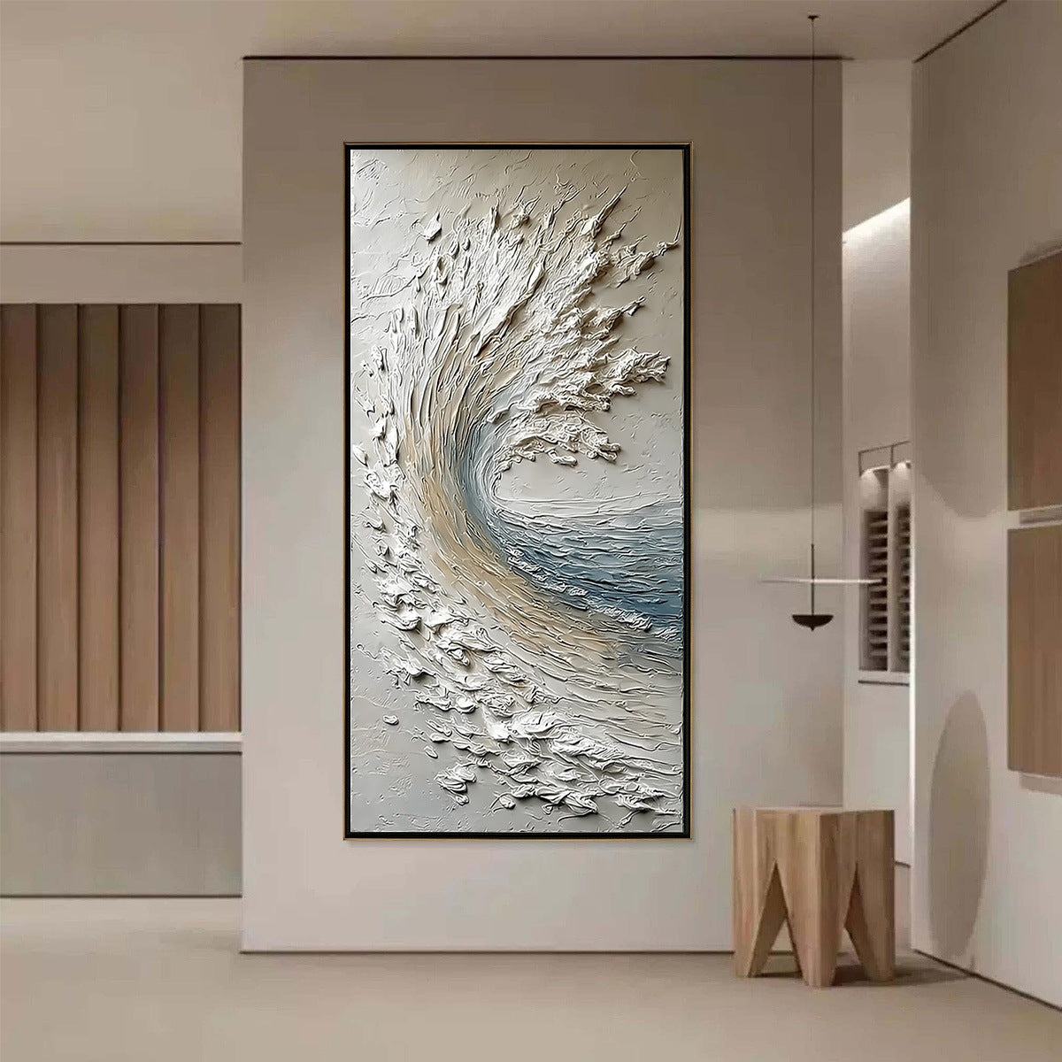 Aegean Crest hand-painted ocean blue, ivory and soft neutral tones textured ocean wave painting shown with silver frame