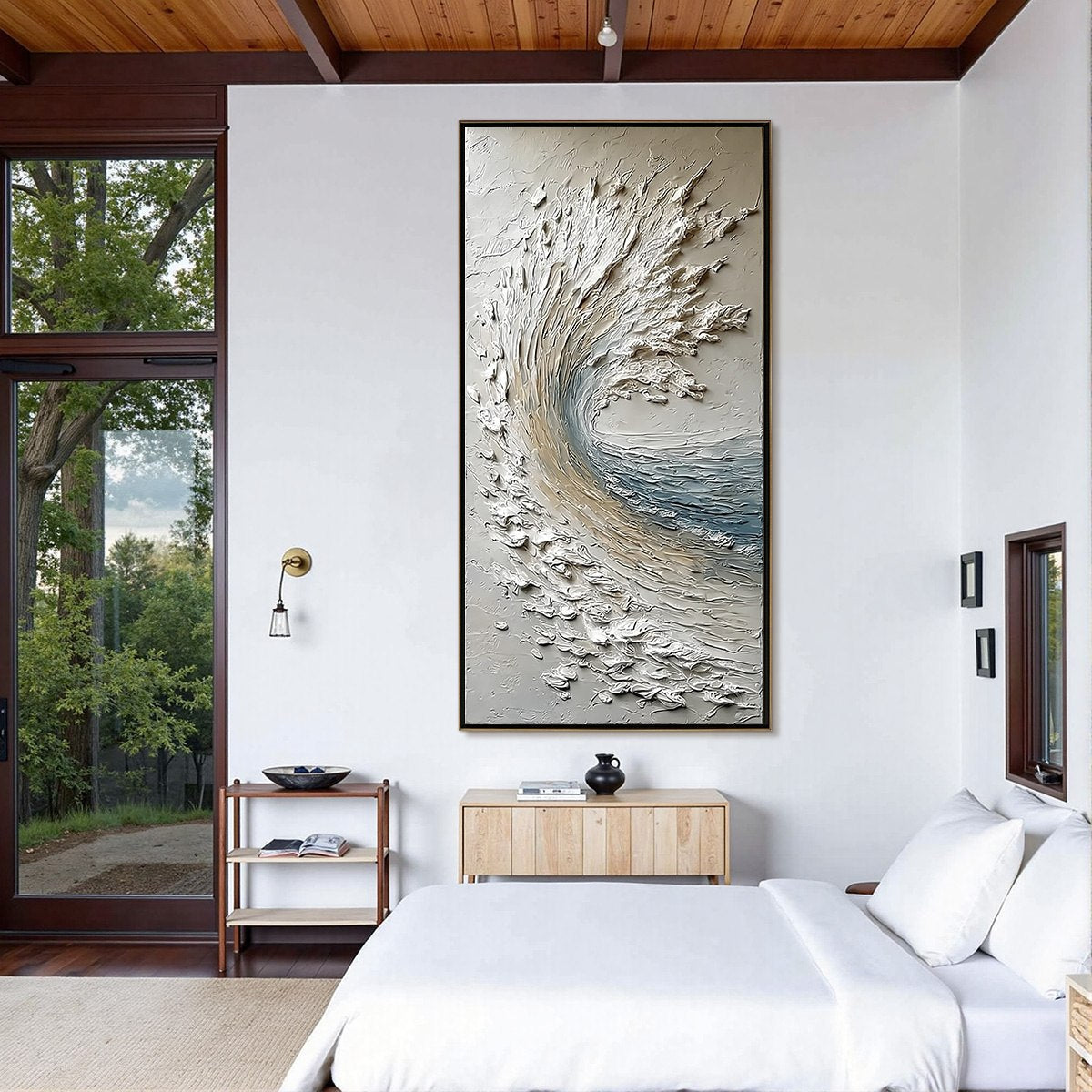 Aegean Crest hand-painted ocean blue, ivory and soft neutral tones textured ocean wave painting shown with black frame