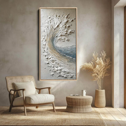 Aegean Crest hand-painted ocean blue, ivory and soft neutral tones textured ocean wave painting shown as stretched canvas