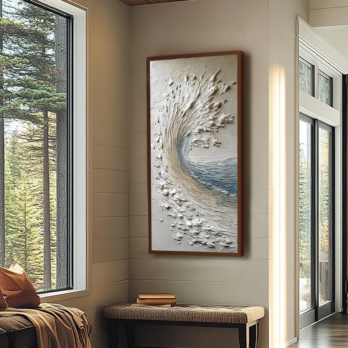 Aegean Crest hand-painted ocean blue, ivory and soft neutral tones textured ocean wave painting shown with wood frame