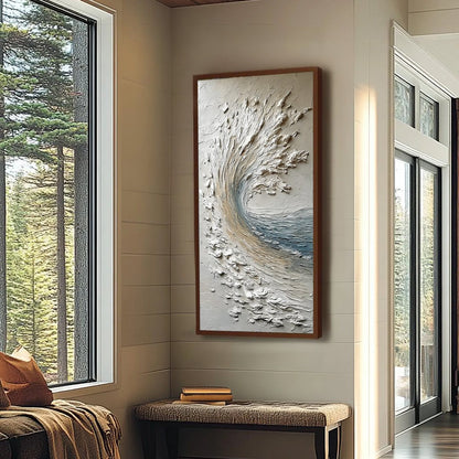 Aegean Crest hand-painted ocean blue, ivory and soft neutral tones textured ocean wave painting shown with wood frame
