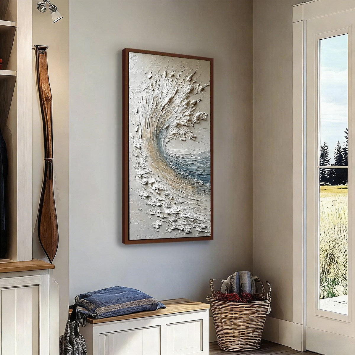 Aegean Crest hand-painted ocean blue, ivory and soft neutral tones textured ocean wave painting rolled canvas option