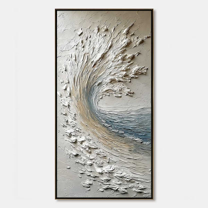 Aegean Crest hand-painted ocean blue, ivory and soft neutral tones textured ocean wave painting rolled canvas option