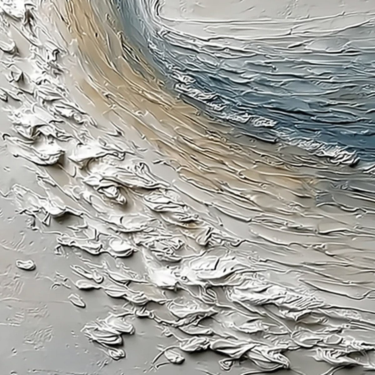 Aegean Crest hand-painted ocean blue, ivory and soft neutral tones textured ocean wave painting shown with white frame