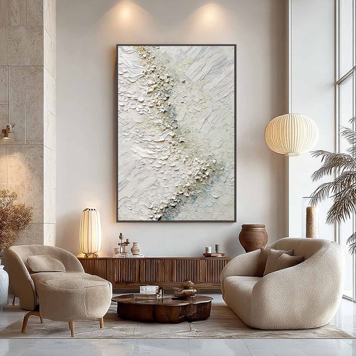 Aegean Foam hand-painted white, ocean blue and gold textured coastal landscape painting shown with silver frame