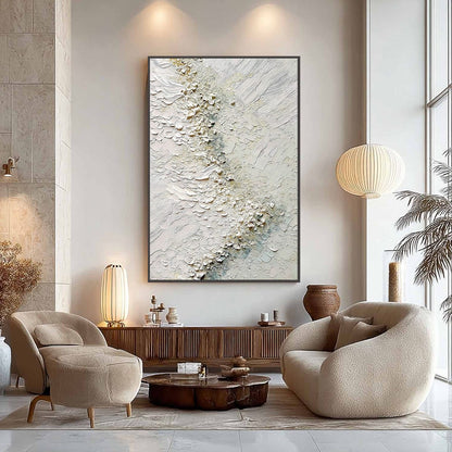 Aegean Foam hand-painted white, ocean blue and gold textured coastal landscape painting shown with silver frame