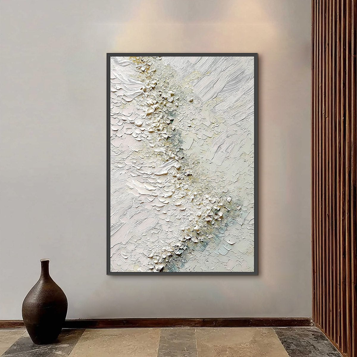 Aegean Foam hand-painted white, ocean blue and gold textured coastal landscape painting shown with black frame